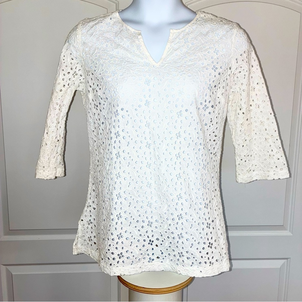 Talbots Swim Cover Up Women Size 14 White Eyelet Cotton Long Sleeve V-Neck